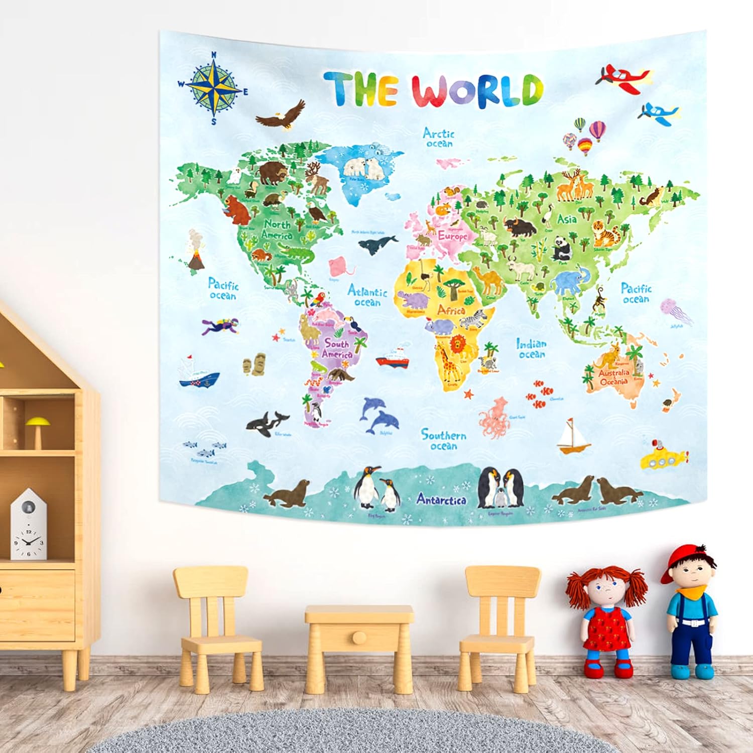 Kids Education World - Tapisserie murale de carte du monde